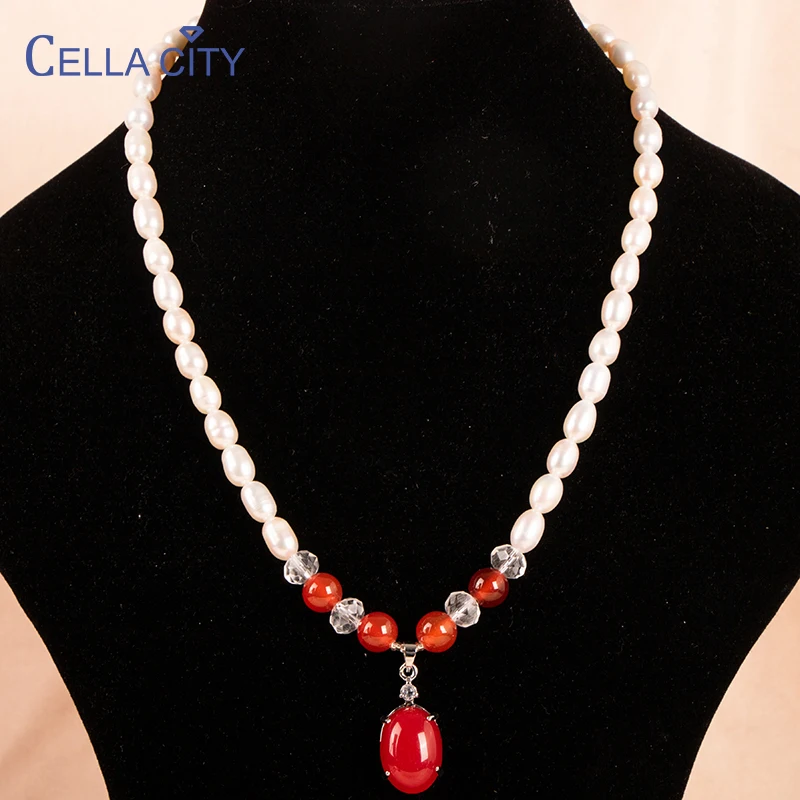 

Cellacity 6mm Natural Pearl Necklace With round Agate Chain Necklace silver 925 jewelry Woman Engagement Wedding fine jewelry