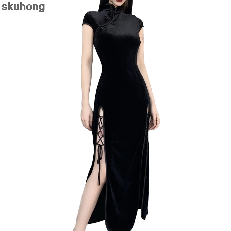 

Платье-Ципао атласное в готическом стиле женское, элегантное винтажное традиционное платье в китайском ретро стиле, Восточная одежда с раз...