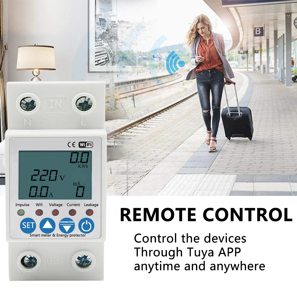 2P 63A TUYA APP WiFi Smart Circuit Earth Leakage Over Under Voltage Protector Relay Device Switch Breaker Energy Power kWh Meter |