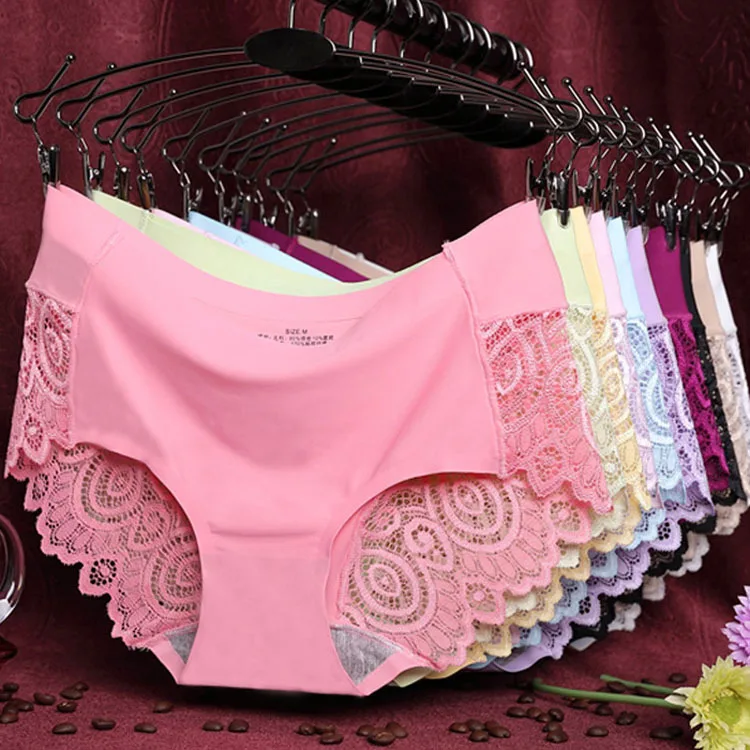 

Women Panties Mid Waist Sexy Ice Traceless Lace Cut Briefs Women