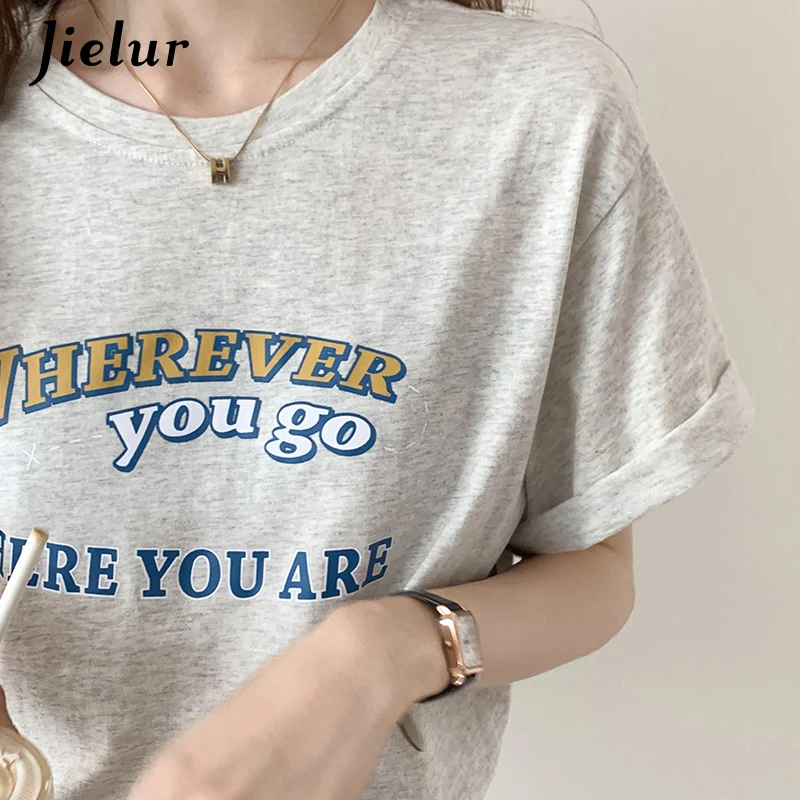 

Jielur серого цвета с надписью для женщин футболки с рисунками из мультфильмов Летние повседневные свободные толстовки с круглым вырезом с ко...