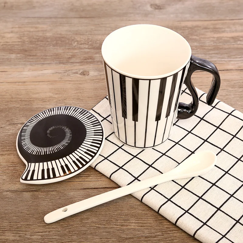 30pcs/lot Creative ceramic music cup notes mark water lovers keyboard on with cover coffee | Дом и сад
