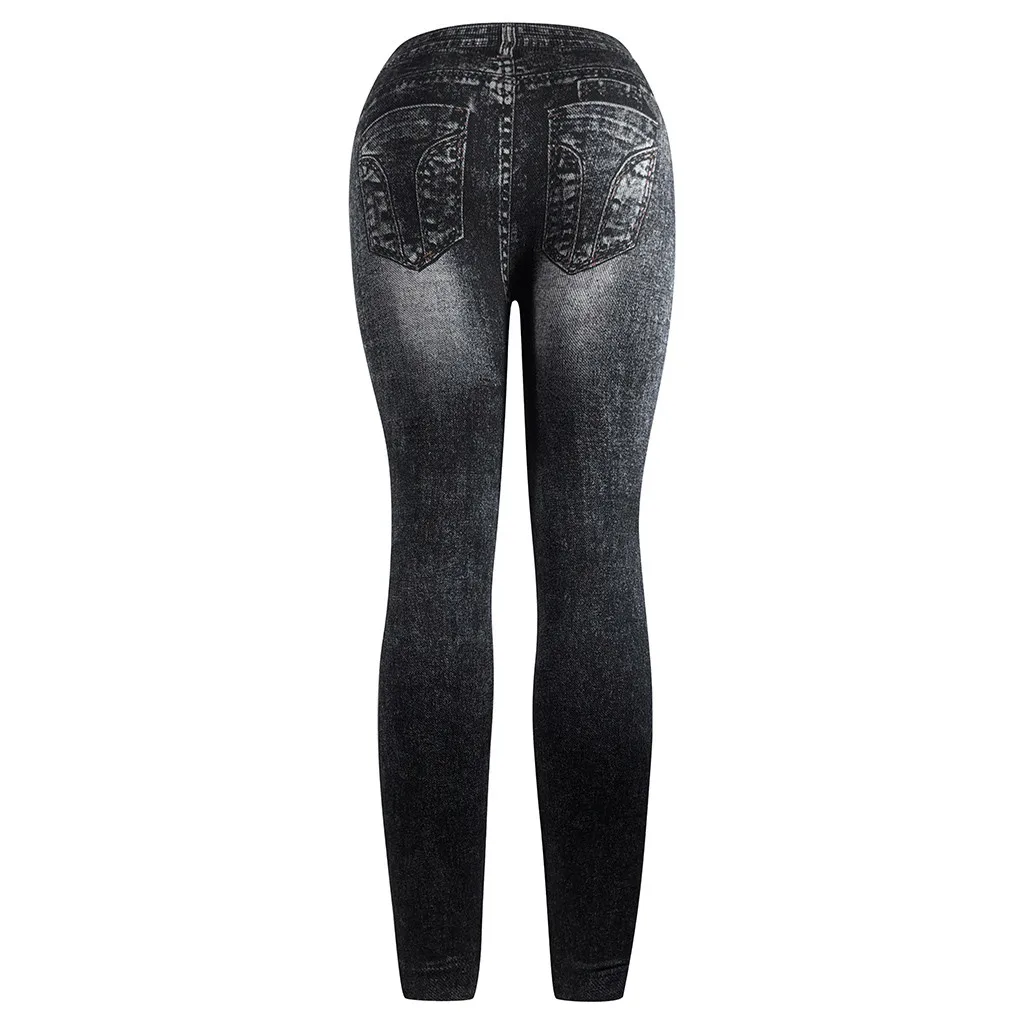 Женские эластичные джинсы с высокой талией принтом Леггинсы имитацией джинсов