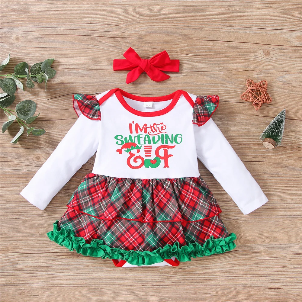 

Baby Girls 2Pcs Christmas Rompers Outfits Ruffle Long Sleeve Letter Print Classic Plaid Patchwork Tutu Romper With Headband