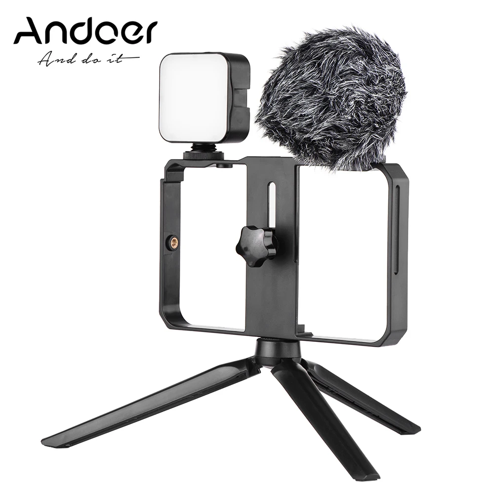 Andoer смартфон реечная оснастка корзины с светодиодный заполняющий свет микрофон