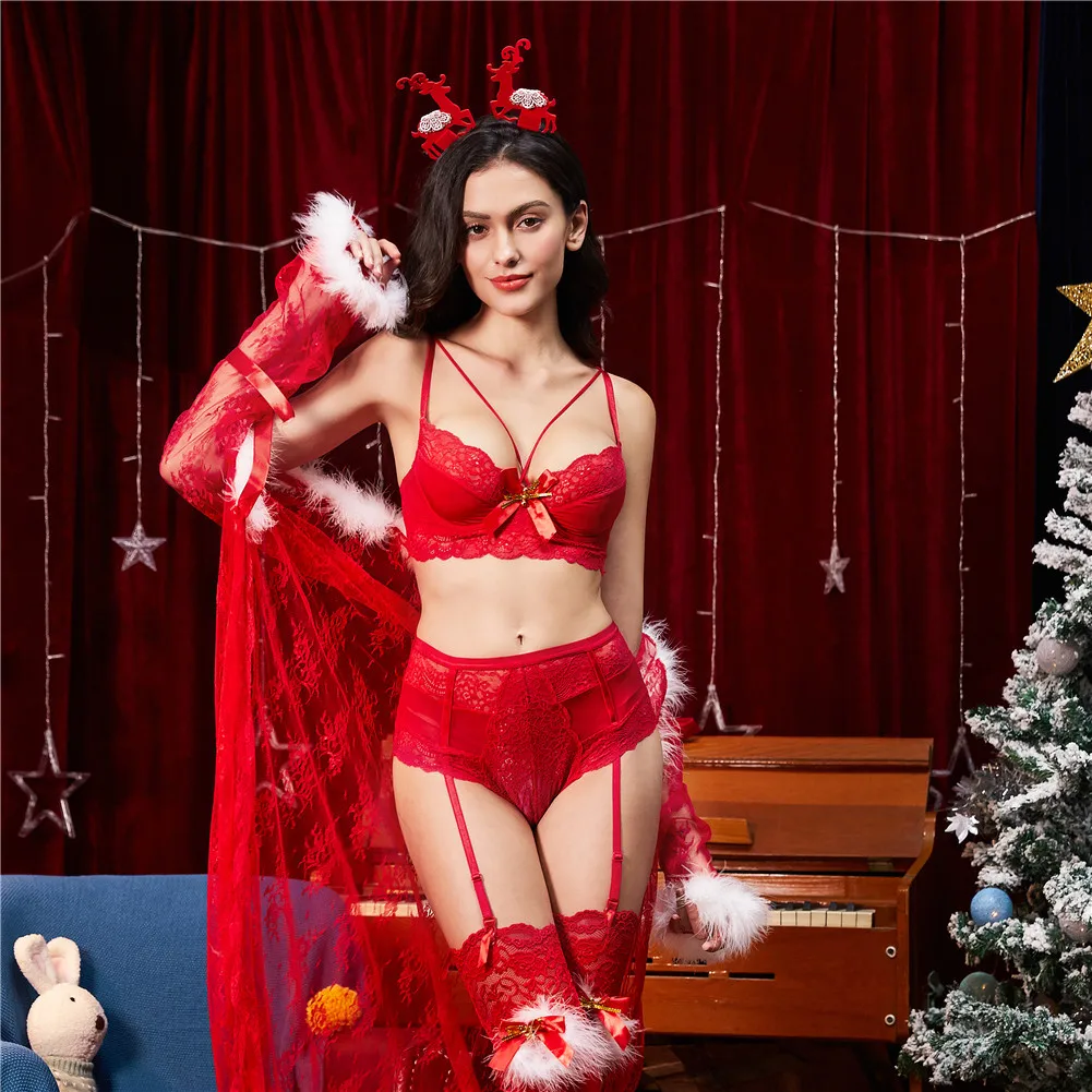 Woman Christmas Red Holiday Underwear Set New Year Gifts Cross Shoulder Strap Bra+Sling Panty+Stockings+Elk Headdress+Robe 5pcs