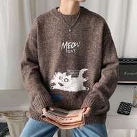 autumn and winter thick sweater mens oversize sweater all match student printed animal slim o neck tops cat pattern pullover