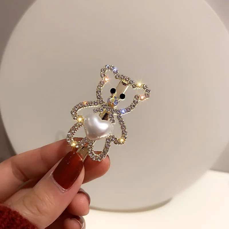 

Korea Designer Rhinestone Love Bear Hairpin Cute Girl Pearl Side Clip Girl Top Clip Bangs Duckbill Clip Wedding Hair Accessories