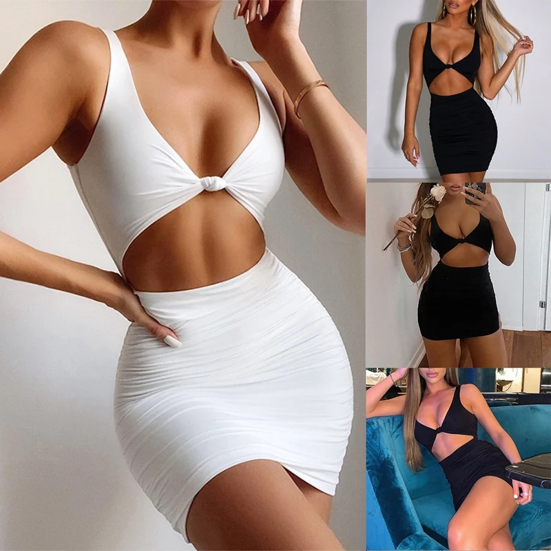 

Summer Party Sexy Mini Dress Strapless Hollow Out Dresses Club Vacation Solid Wrap Dress