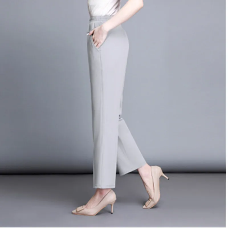 

Middle-aged and old women's pants Summer Slim Elastic waist Thin Loose Straight pants Plus size Solid Casual Nine-point pants