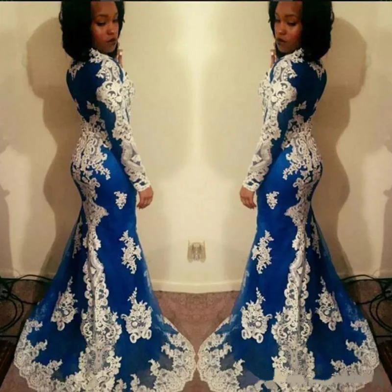 

African Long Sleeve Mermaid Prom Dresses New White Lace Applique Floor Length Illusion Jewel Neck Formal Evening Gowns Party Dre