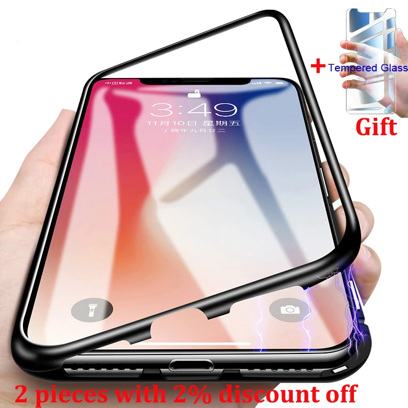 Luxury Magnetic Adsorption Metal Phone Case Funda For iPhone 6 6s 8 7 Plus X XR with Tempered Glass Magnet Cover Flip Capa |