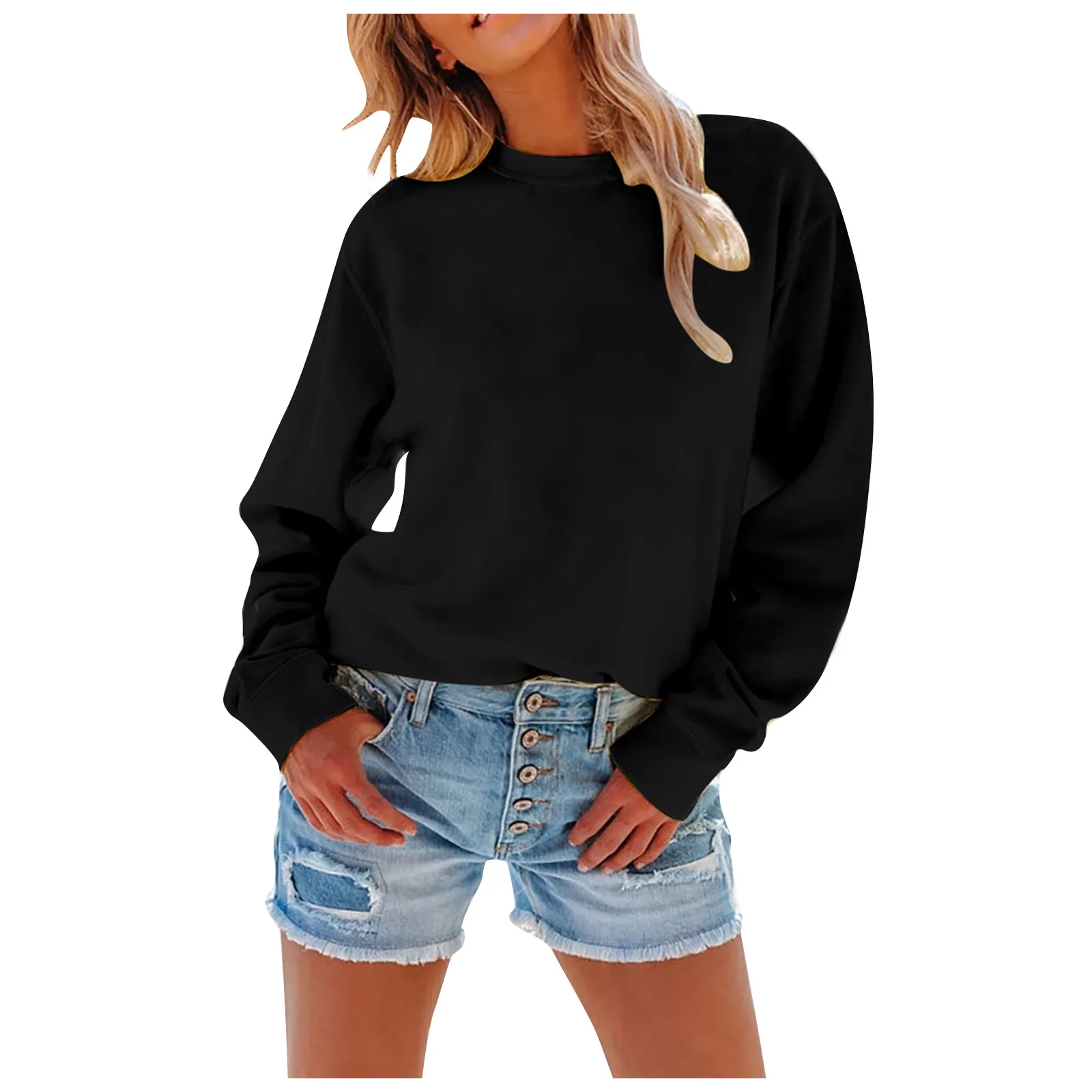 

Женский однотонный пуловер с круглым вырезом и длинными рукавами, свитшот, свободная блузка, топ, свитшот, женская уличная одежда в Корейско...