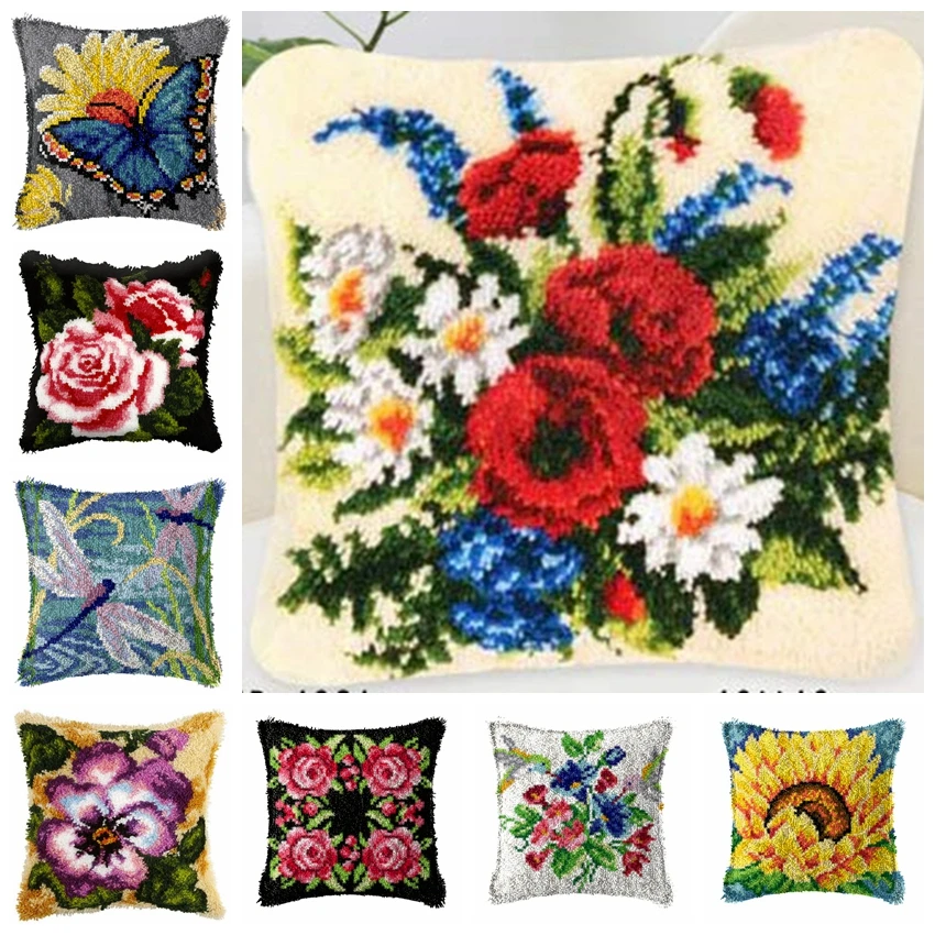 

Hook Pillow Kit-Needlework Embroidery Crochet-Carpet Kit-Plant Flowers Unfinished Crochet Carpet-Painting Embroidery Rug-hook