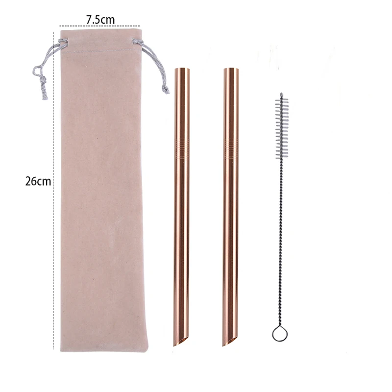 Beige Bag Rose Gold 2 шт металлический заостренный кончик соломы+ 1 кисть для ПК радужные соломинки многоразовые трубочки 12 мм* 215 мм с портативной коробкой или сумкой - Цвет: Beige Bag Rose Gold