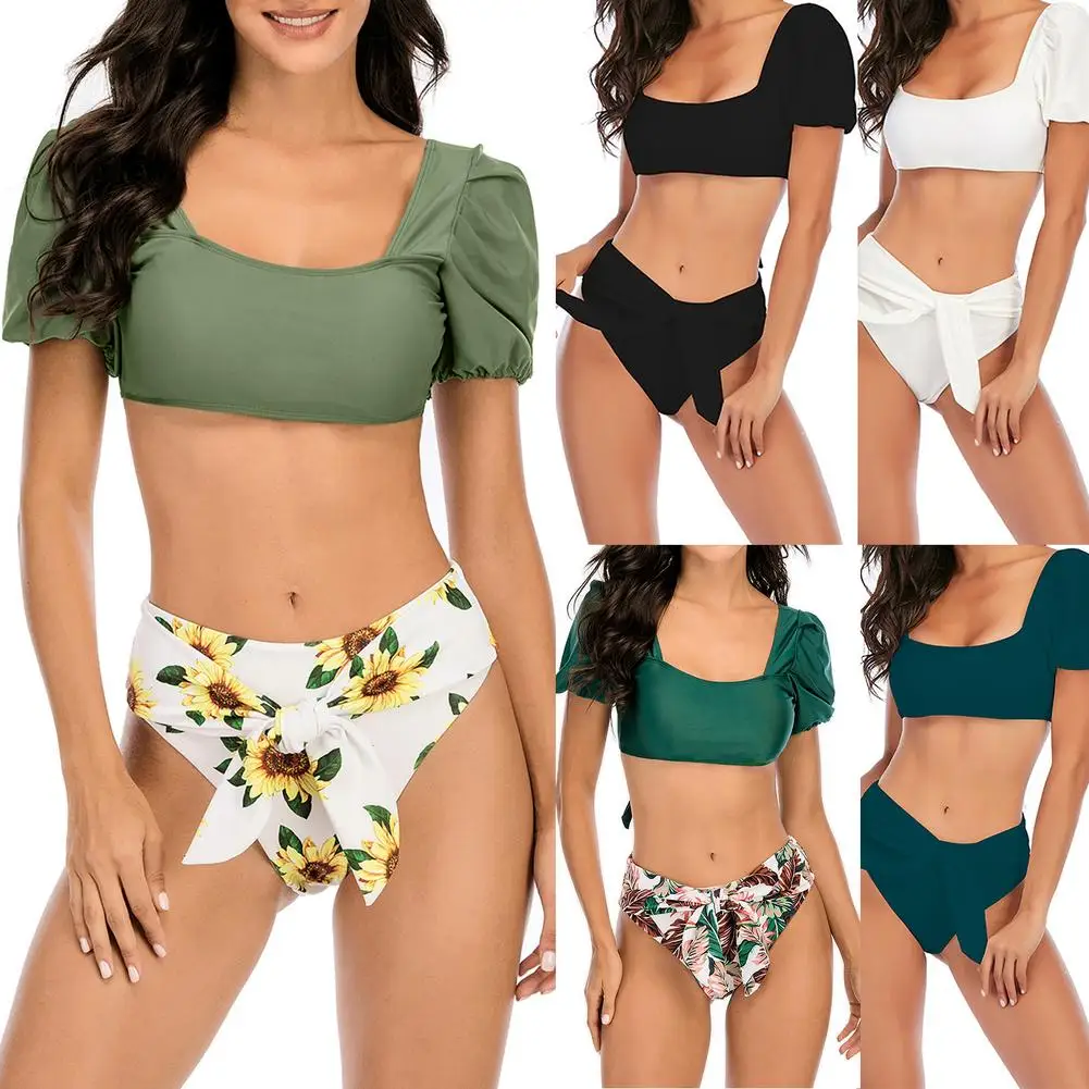 

New Puff Sleeve Bikini High Waist Square Neck Swimsuit Colorful Print 2021 Summer New Boho Print Sexy Leisure Charming Swimwear