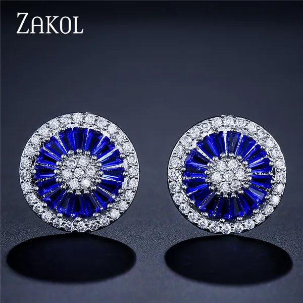 Blue ZAKOL, благородные романтические ювелирные изделия с кристаллами, роскошные круглые свадебные серьги-гвоздики с кубическим цирконием для женщин, вечерние, подарок FSEP293 - Окраска металла: Blue