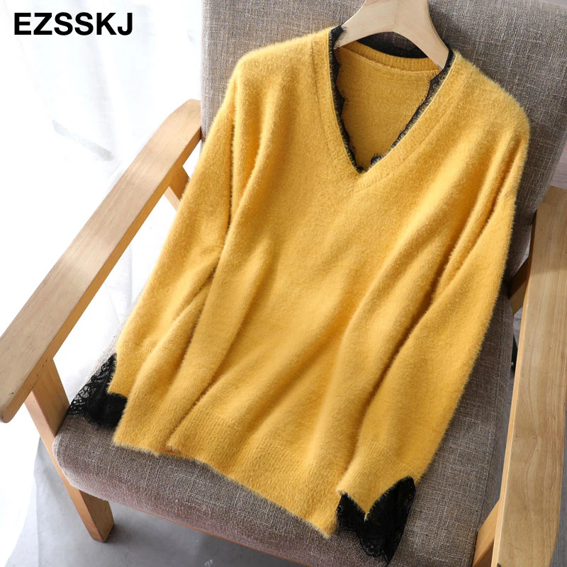 Женский толстый меховой свитер-пуловер с v-образным вырезом кружевной Свитер