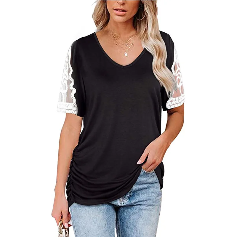 

Women Casual Solid Color T-Shirt Summer Sexy Lace-sleeve V-Neck Short Sleeve Tops Fashion Irregular Folds Loose Tops Plus Size