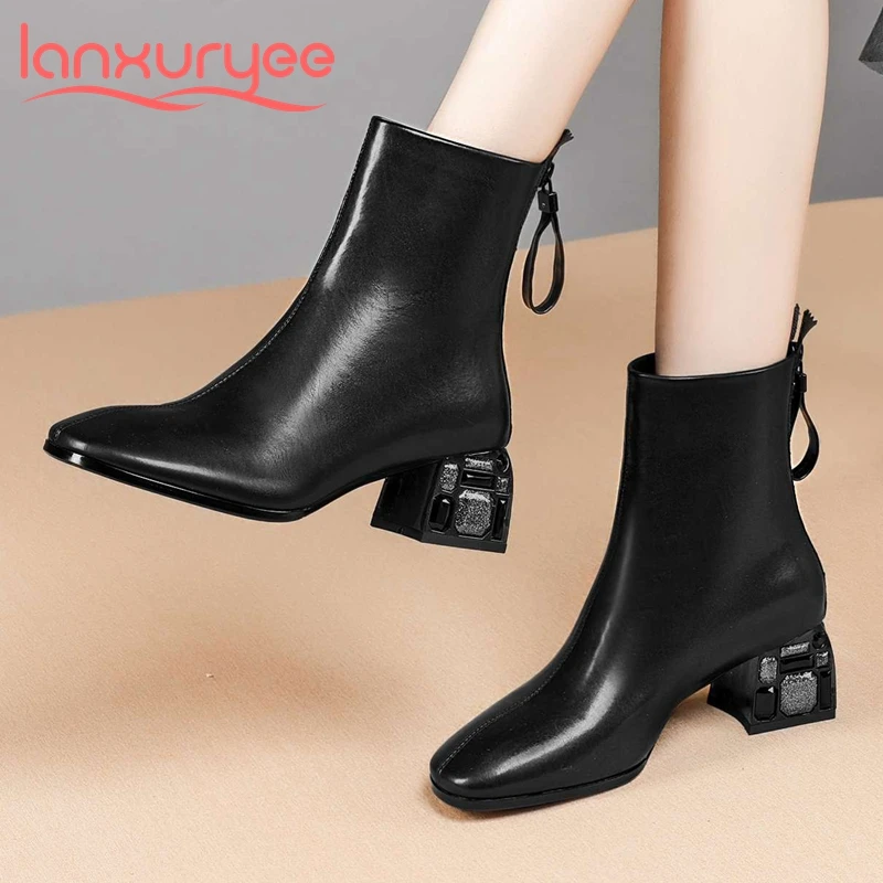 

Lanxuryee large size genuine leather round toe high heel Chelsea boots fashion solid winter keep warm modern ankle boots L9f1