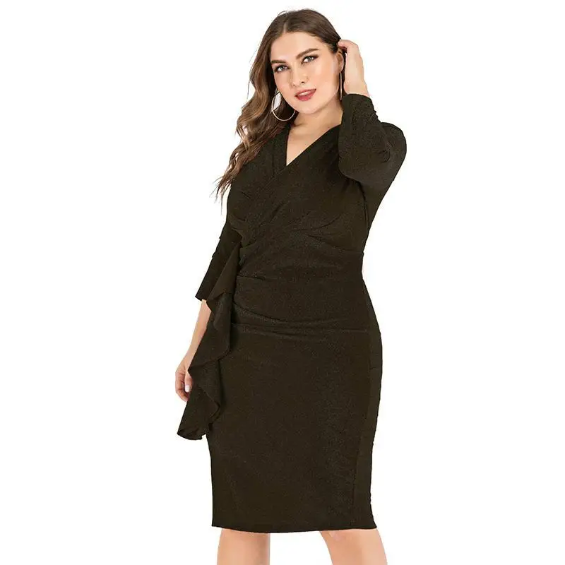 Платье женское длинное с V-образным вырезом и оборками большого размера | Женская