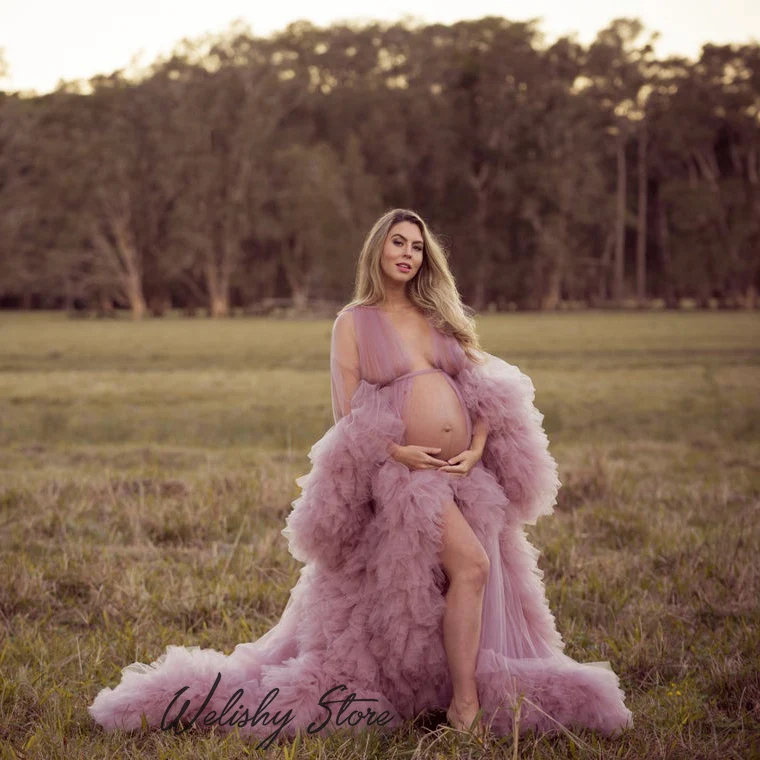

High Quality Bridal Sweet Maternity Wedding Robe Women Pregnancy Ruffles Tiered Puffy Tulle Bathrobe Sleepwear Robe Nightdress