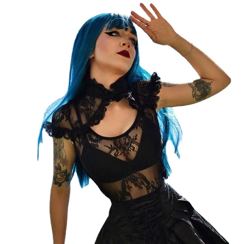 

Dark Wind T-shirt Ladies 2021 Summer Black Lace Sexy Mesh Perspective Long Sleeve Top Dark Wind Club Sexy Top