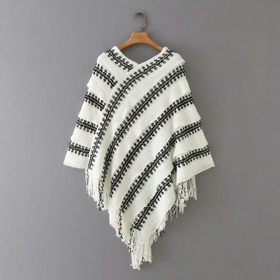 

Autumn Women Bohemia Cape With Tassels White Black Striped Cozy Cloak Oversized Jacquard Poncho Lightweight Warm Fringe Wrap New