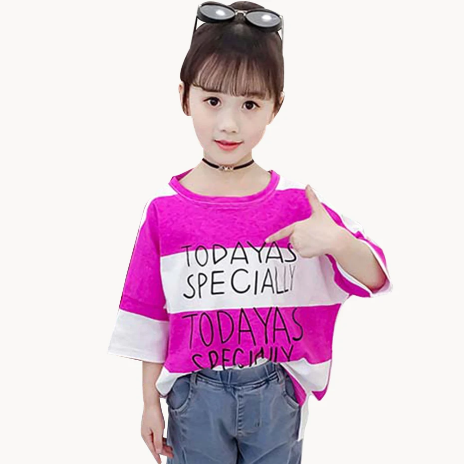 Летняя футболка для девочек детские топы в полоску с буквенным принтом свободная