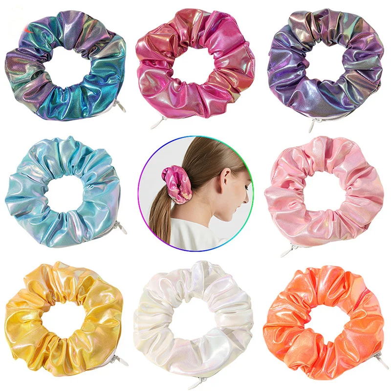 

New Novelty Designs Zipper Scrunchies Women Cloth Fabric Elastic Hair Bands Pocket Scrunches With Zip Ponytail Hair Rope Ring