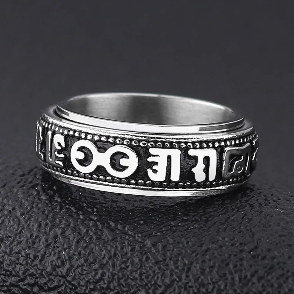 

Vintage Stainless Steel Buddhist Six-Character Mantra Ring Punk Feng Shui Amulet Lucky Ring For Men Women True Love Jewelry Gift