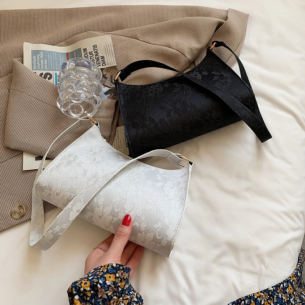 

Vintage Women Jacquard Lace PU Leather Underarm Shoulder Bag Casual Ladies Solid Color Small Handbags Purse