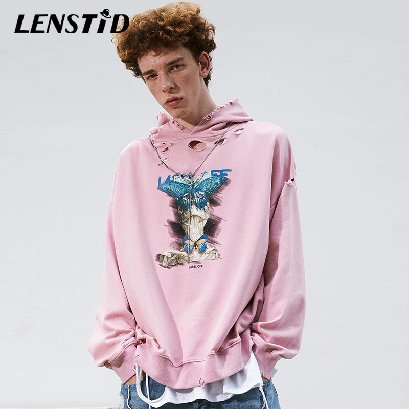 Мужская толстовка в стиле хип хоп LENSTID хлопковая с капюшоном и принтом бабочки