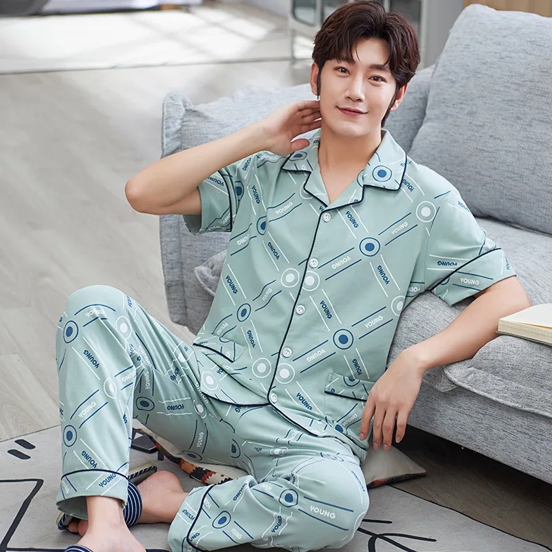

2020 Summer 100% Cotton Short Sleeve Long Pants Pajama Sets for Men Sleepwear Suit Pyjamas Male Homewear Loungewear Home Clothes