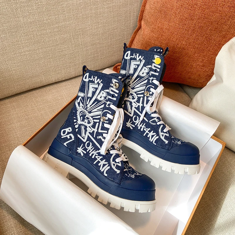 

Женская осенне-зимняя светильник Кая Роскошная парусиновая обувь на высоком каблуке, модная повседневная обувь со шнуровкой, 2021