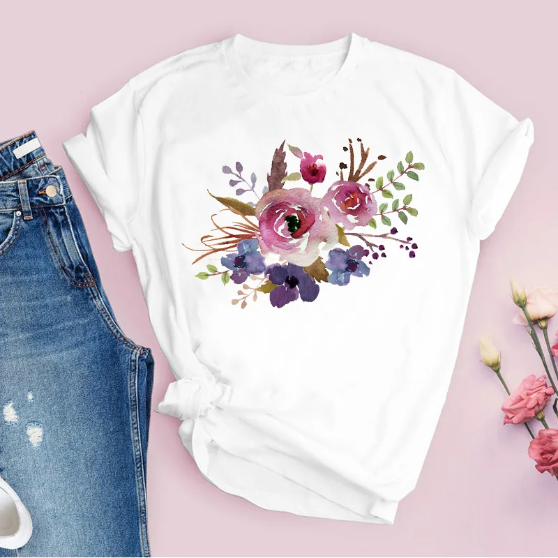 

White T Shirt Women Summer Flower Print Casual Short Sleeve Top Tshirt Ladies Graphic woman clothes fashion Female Tee Shirt