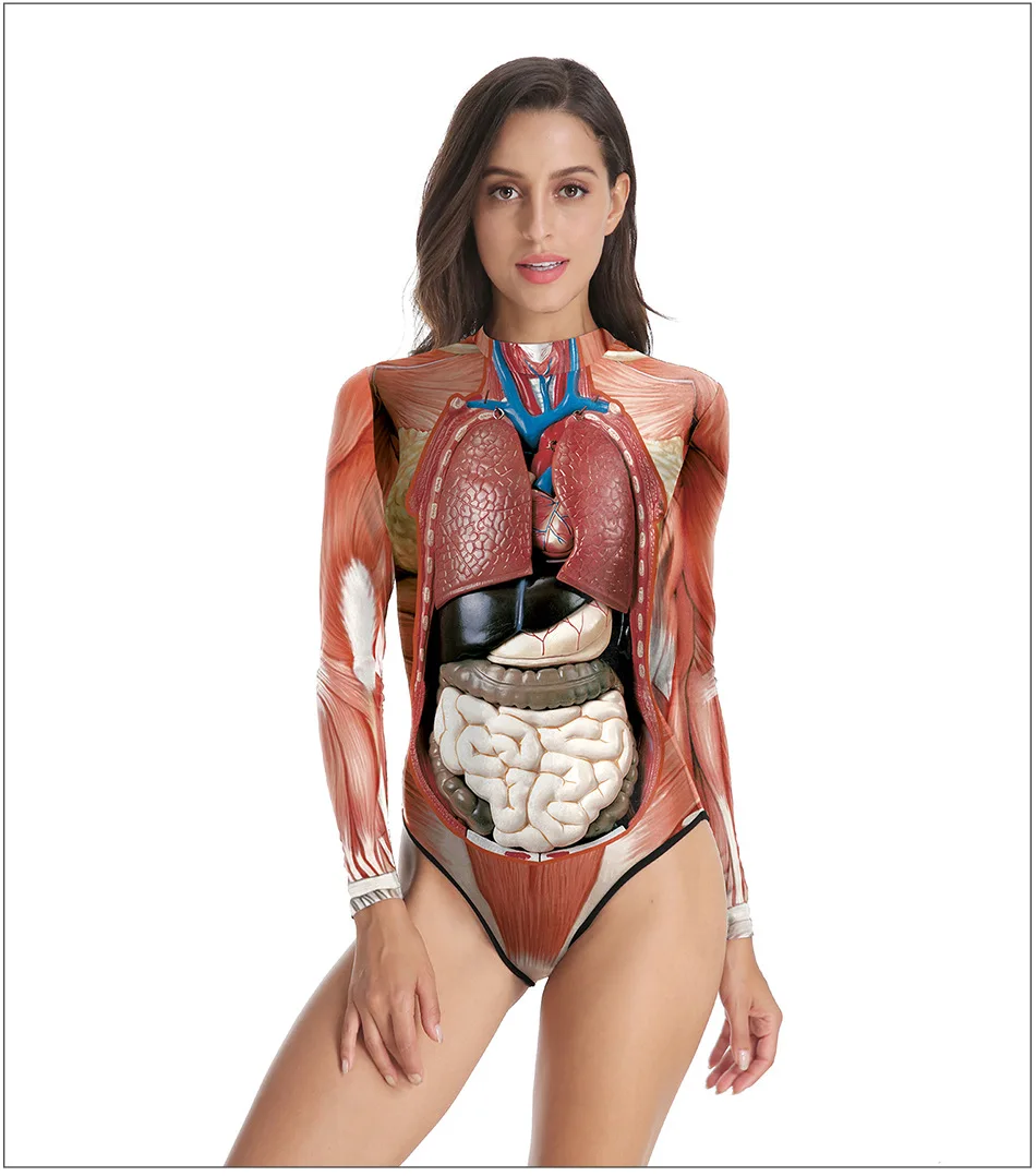 Human Anatomy 3D Print Long Sleeve Sexy One Piece Swimsuit Female Entrail Pattern Bodysuit Women Body Suit  Casual Jumpsuit