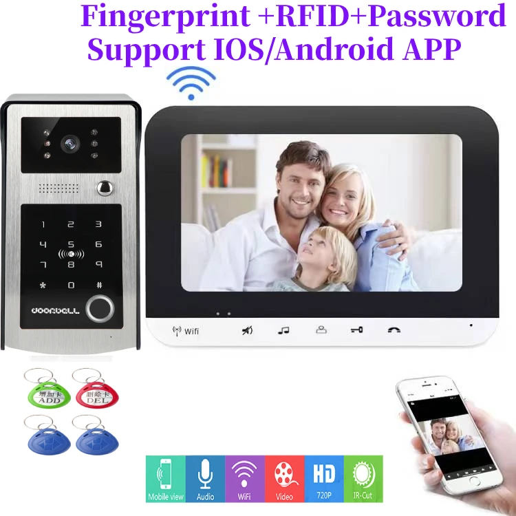 

APP Control Fingerprint RFID Password Unlock Video Intercom 7 Inch Monitor Wifi Wireless Video Door Phone Doorbell Intercom KIT