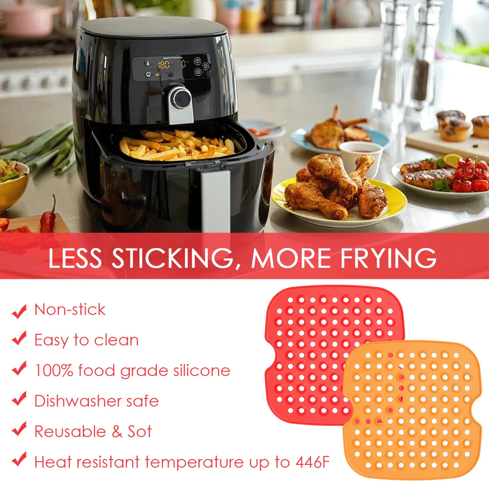 

2PC Fried pad square shape Heat resistant Reusable food-grade silicone fryer mat non-stick 7.5/8.5 inch air fryer liner Mats