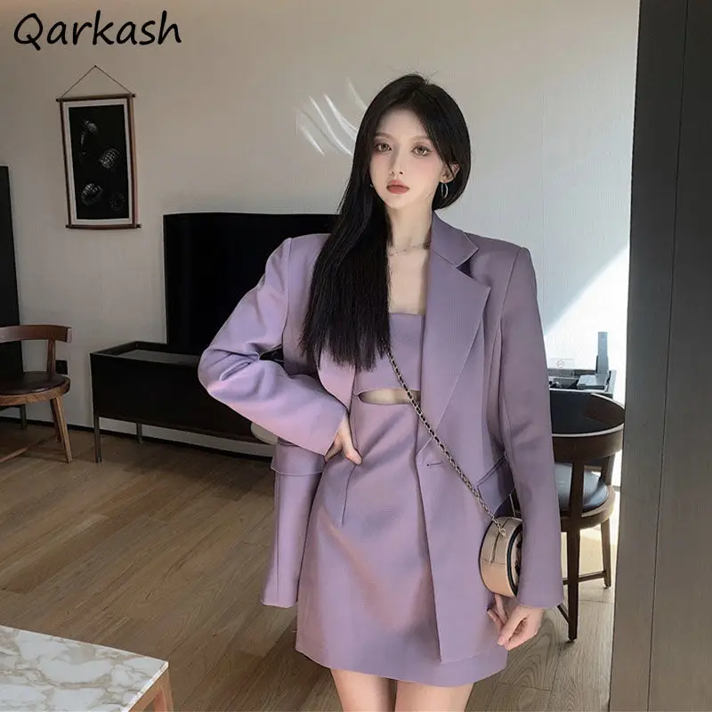 

Women Sets Purple 2 Pieces Notched Single Button Loose Blazers Hollow Out Straps Sexy Club Mini Dresses BF Ulzzang Fashion Mujer