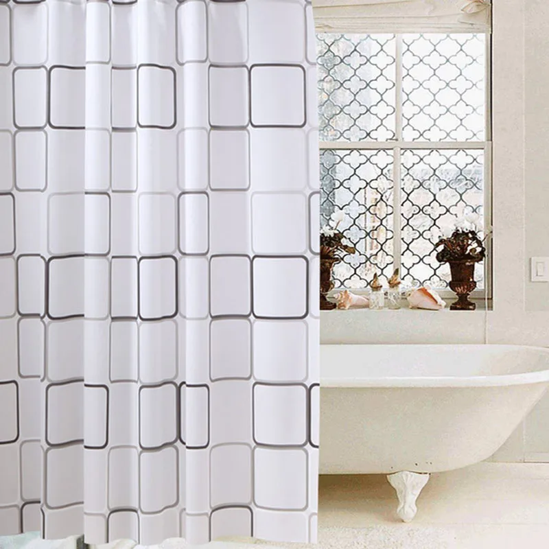

PEVA Waterproof Bathroom Shower Curtain Bath Cover Square Pattern Environmentally Friendly Bathroom Curtain with Copper Buckle
