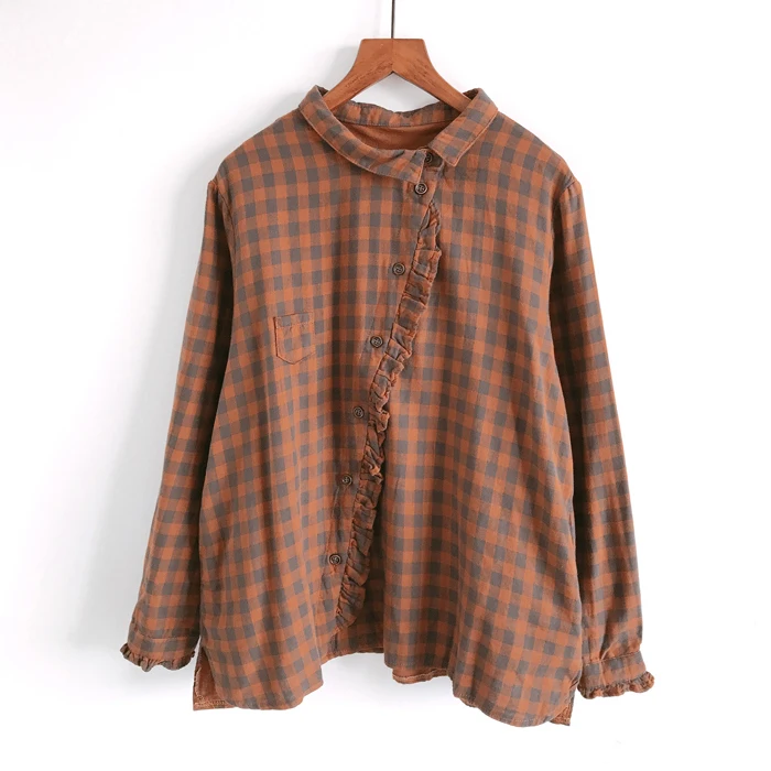 

Lamtrip Side Buttons Ruffles Patchwork Long Sleeve Shirt Blouse