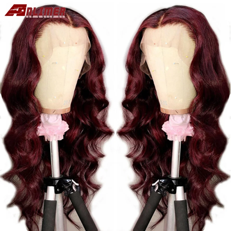 Бургундия глубокая часть парик фронта шнурка красные человеческие волосы