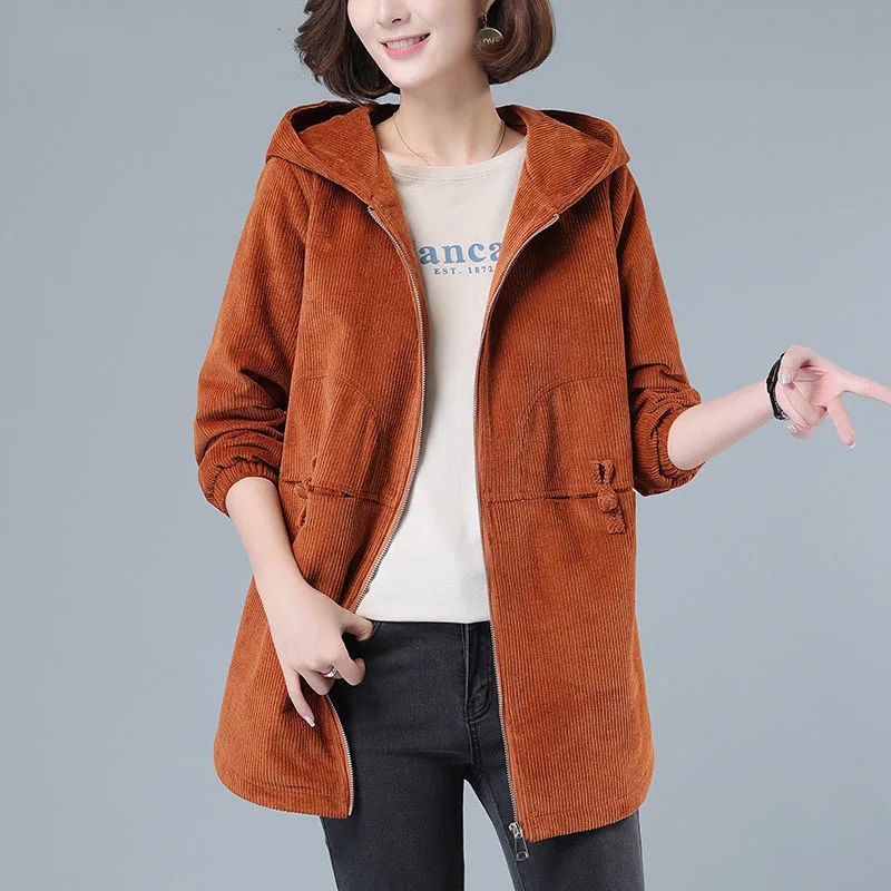 Куртка Вельветовая Женская свободная с капюшоном для женщин среднего возраста