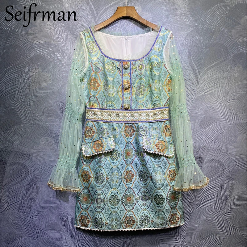 

Seifrmann, новинка 2021, летнее женское модное дизайнерское платье-трапеция для вечерние, расшитое бисером, с высокой талией, женские мини-платья