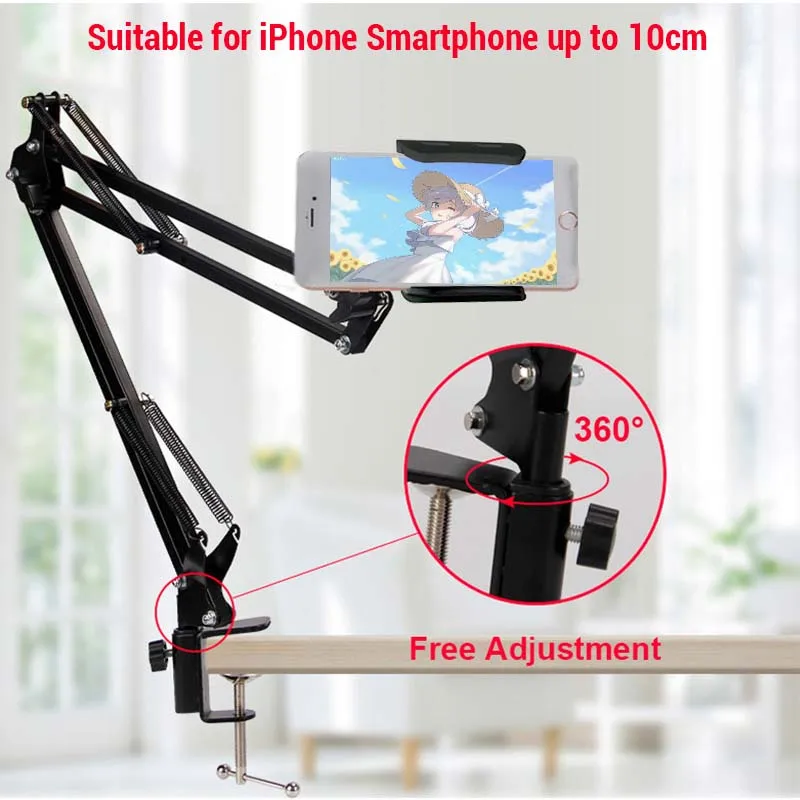 360 rotating flexible long arms mobile phone holder for iphone xiaomi desktop bed lazy bracket phone stand metal clamp support free global shipping