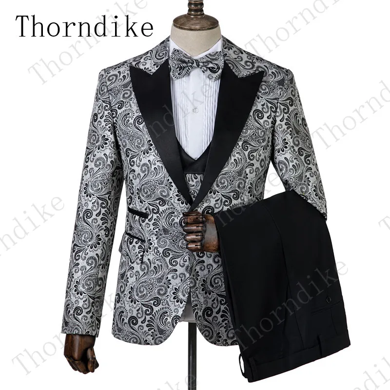 suit 3 Thorndike последний дизайн черный цветочный мужской костюм Модный узор приталенные Смокинги Костюмы из 3 предметов под заказ стиль смокинг Masculino - Цвет: suit 3