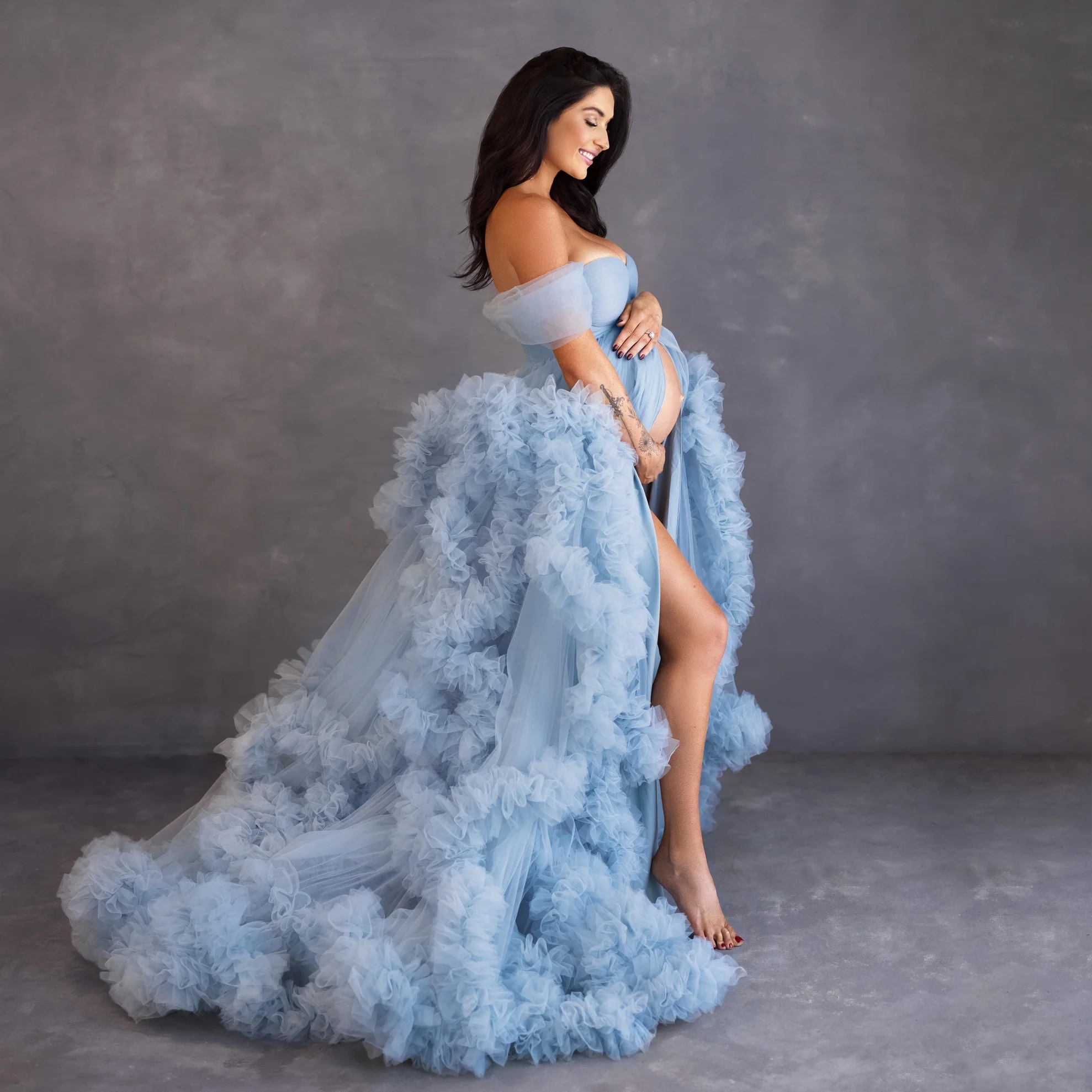 Light Sky Blue Prom Dresses Women Tiered Ruffles Evening Gown Front Split Flowy Maternity Photoshoot Dress robes soirées