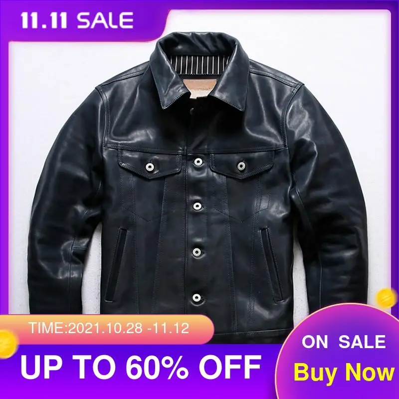 

2021 Blue Japan Casual Style Genuine Leather Jacket Men Plus Size 4XL Real Natural Horsehide Autumn Slim Fit Short Coat