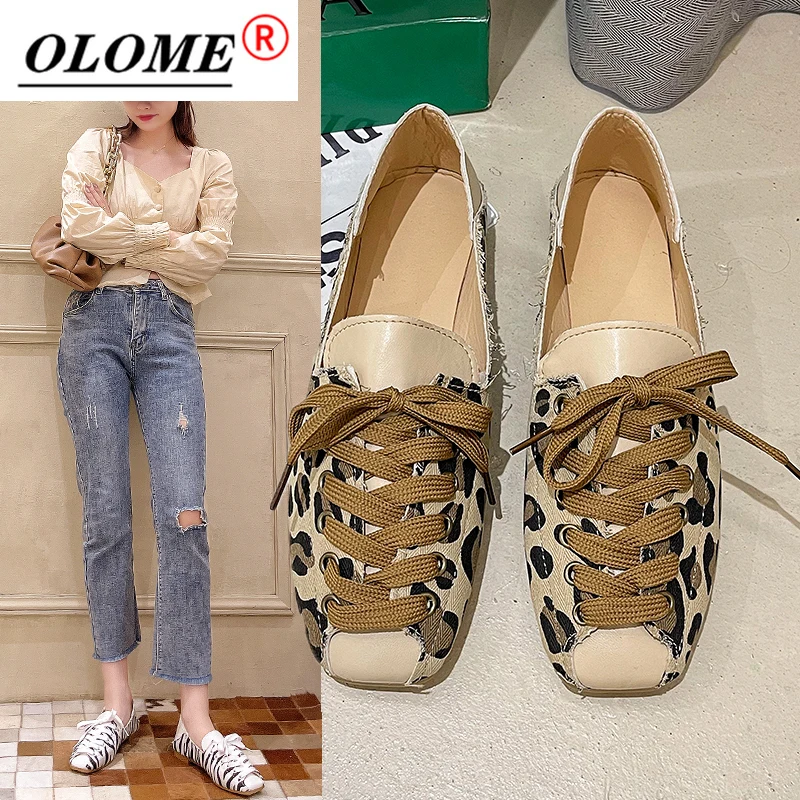 

OLOME-Ladies Pu Lace Up Personality Peas Shoes Women Fashion Casual Women's Single Shoes Leopard Print Outdoor Women's Shoes